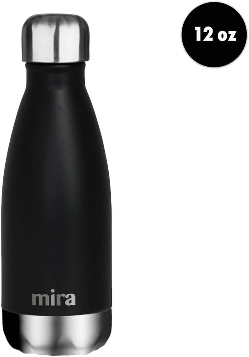 12 Oz Insulated Water Bottle - Slim Stainless Steel Cola Shape Thermo - Double Wall Hot & Cold Flask (24Hr Cold/12Hr Hot) - Black