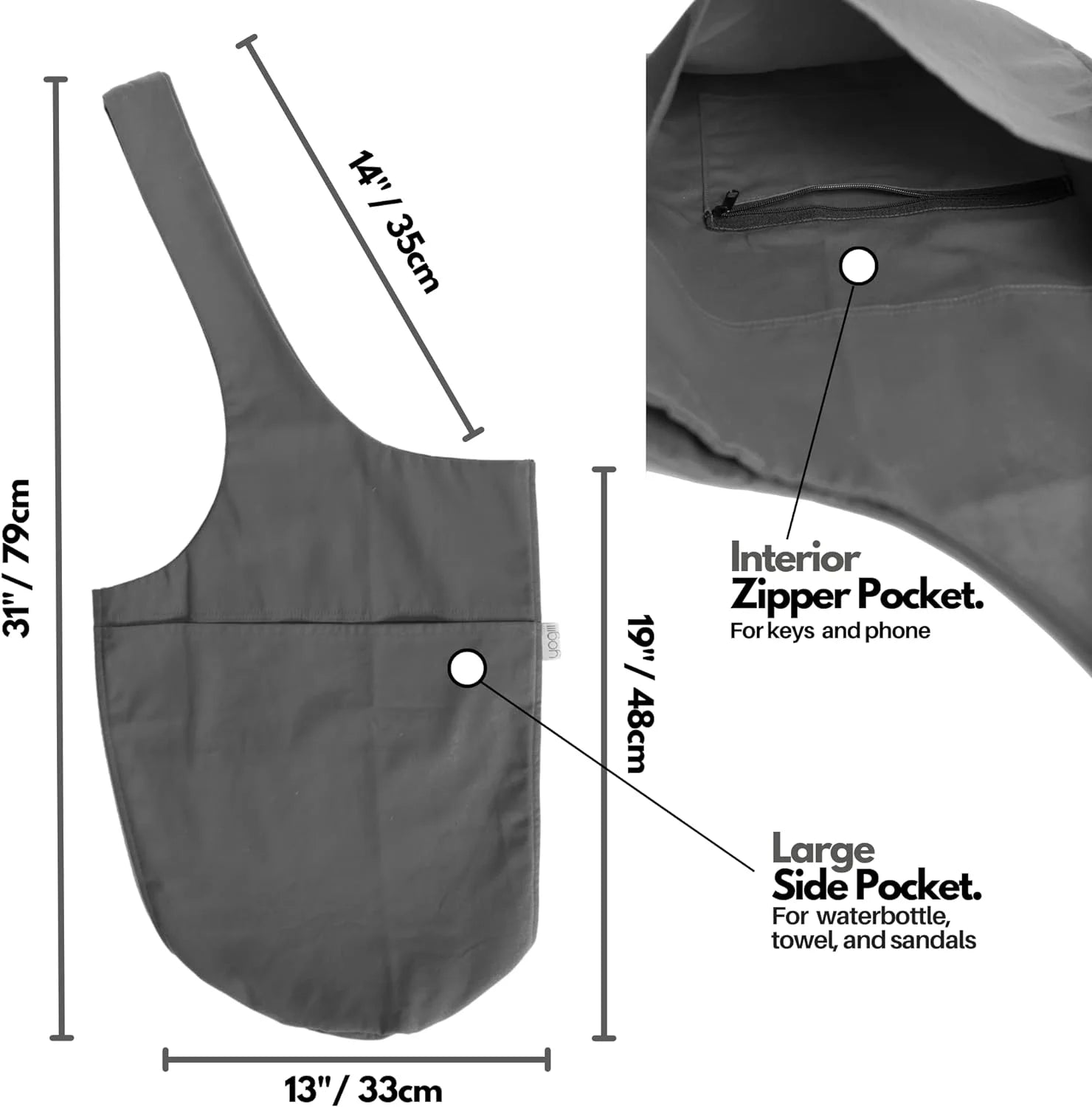 Tote Sling Carrier Wlarge Side & Zipper Pocket Yoga Mat Bag, Polyester Gray, 31" Length