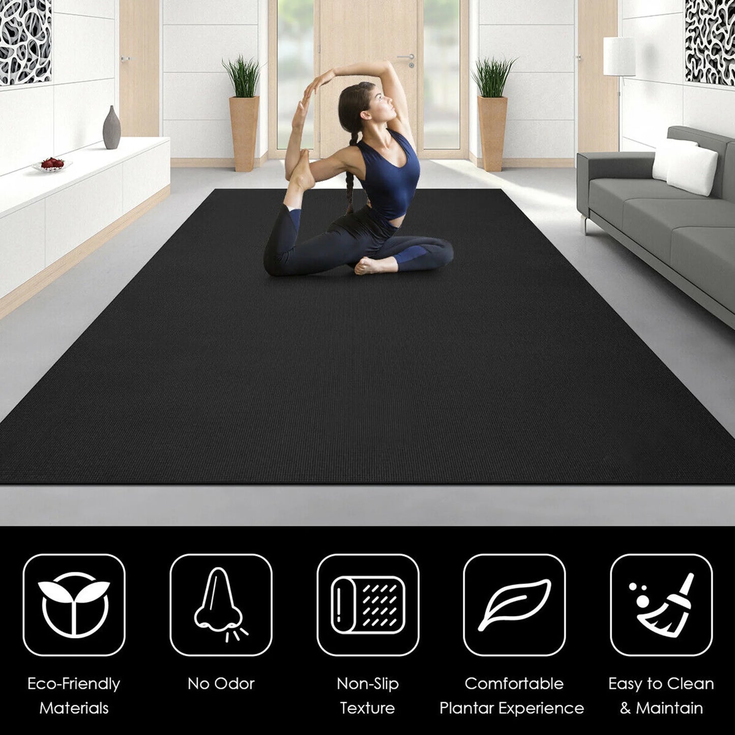 Large Yoga Mat 6' X 4' X 8 Mm Thick Workout Mats for Home Gym Flooring Black