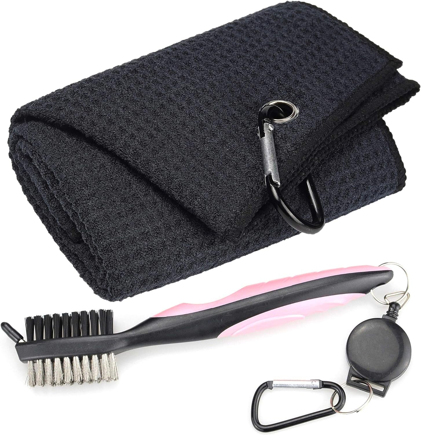 Golf Towels - Microfiber Waffle Pattern Tri-Fold, Brush Tool Kit with Club Groove Cleaner with Retractable Cord and Clip, for Men Women, Golf Gift