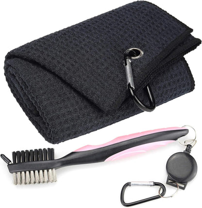 Golf Towels - Microfiber Waffle Pattern Tri-Fold, Brush Tool Kit with Club Groove Cleaner with Retractable Cord and Clip, for Men Women, Golf Gift