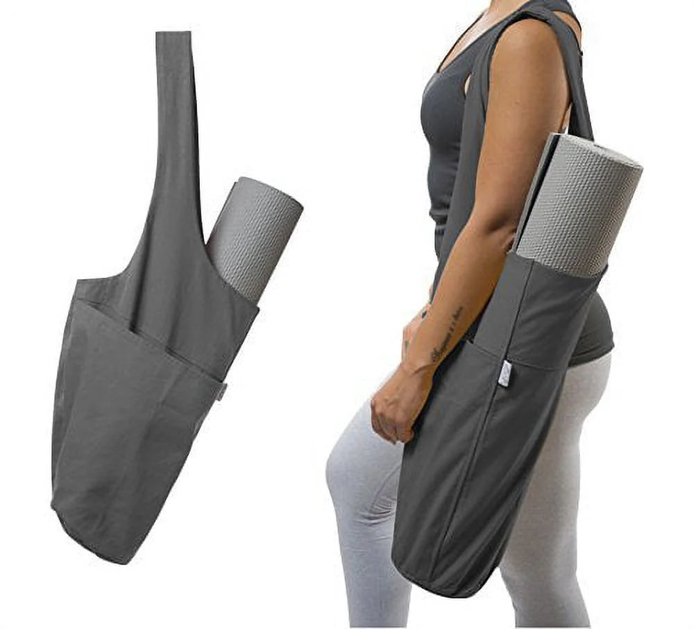 Tote Sling Carrier Wlarge Side & Zipper Pocket Yoga Mat Bag, Polyester Gray, 31" Length