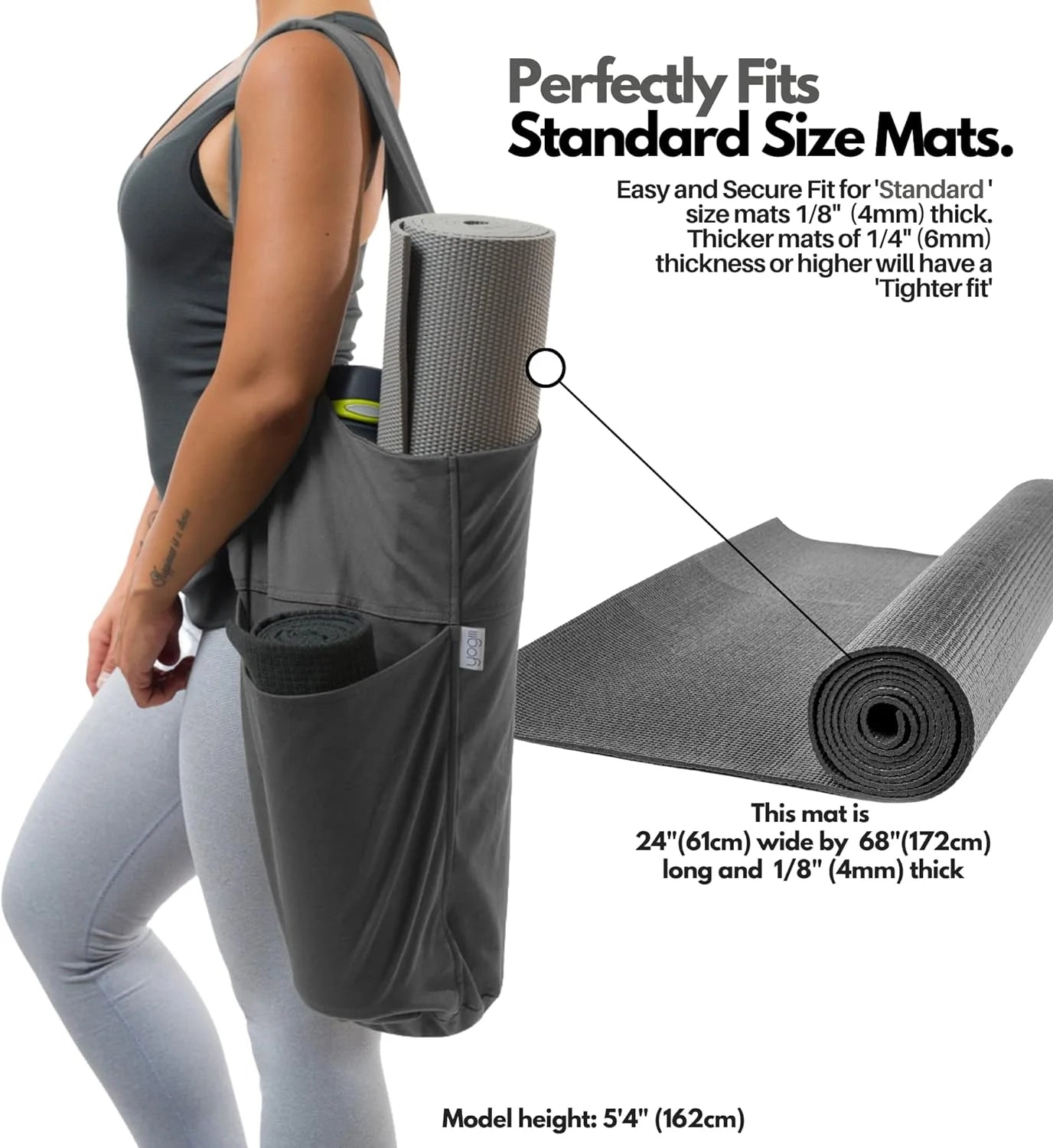 Tote Sling Carrier Wlarge Side & Zipper Pocket Yoga Mat Bag, Polyester Gray, 31" Length