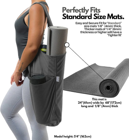 Tote Sling Carrier Wlarge Side & Zipper Pocket Yoga Mat Bag, Polyester Gray, 31" Length