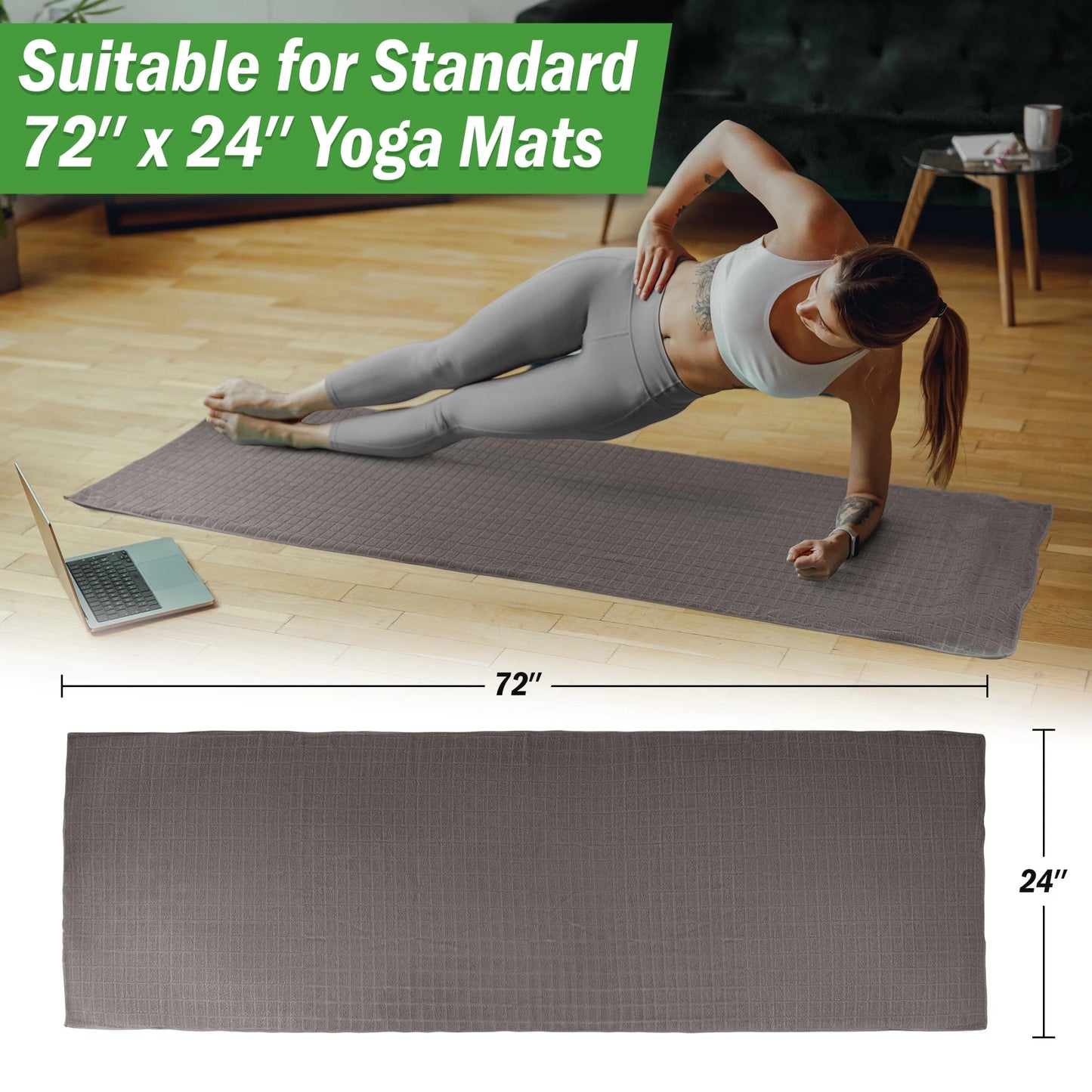 Yoga Towel Set - 72X24 Nonslip Towel for Hot Yoga and Pilates, Gray